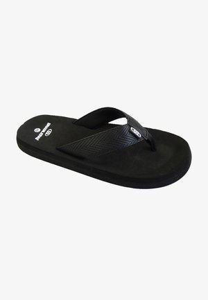 Black flip-flop sandal made of rubber with a textured strap, flat sole, and a logo on the footbed. Simple design with no additional patterns.