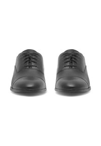 Czarne skórzane buty z okrągłym czubkiem, gładkim wykończeniem i minimalnymi przeszyciami. Posiadają centralny wzór wiązania oraz dyskretną wytłoczoną logo.