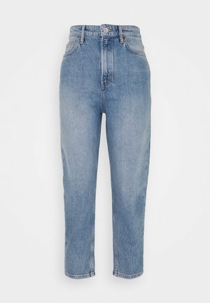 Ljusblå högmidjade jeans med avslappnad passform, som har en klassisk femficksdesign, bälteshällor och en blekt textur.