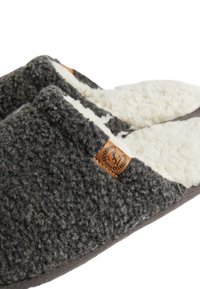 Chaussons en tissu gris avec une doublure fluffy blanche et une étiquette de marque en cuir, présentant un matériau extérieur texturé et une texture intérieure douce.