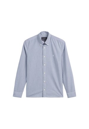 Light blue and white striped long-sleeve shirt with a button-down collar, featuring front buttons and a small logo on the chest.