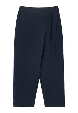 Pantaloni avvolgenti blu navy con cintura annodata, con taglio dritto e tessuto morbido e testurizzato per il comfort.