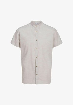 Korte mouwen, lichtroze overhemd met knoopsluiting en een mandarin kraag, met een subtiele textuur en natuurlijkgekleurde knopen aan de voorkant.