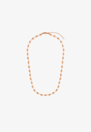 Collana di perline in oro e argento con forme ovali, che alternano perle metalliche e perle bianche lucide, con chiusura a catena regolabile.