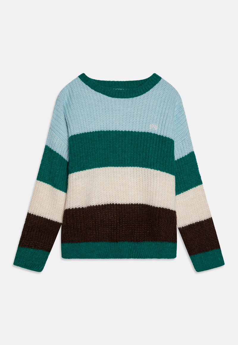 Pletený svetr s širokými pruhy v tónech jako jsou tyrkysová, světle modrá, krémová a hnědá. Žebrovaná textura, kulatý výstřih a dlouhé rukávy.