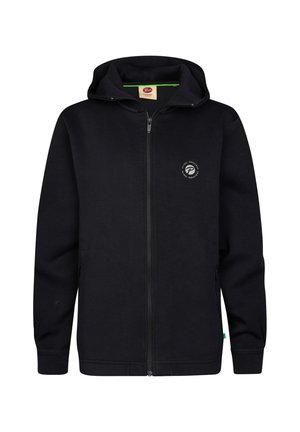 Zwarte hoodie met ritssluiting en capuchon, lange mouwen, klein rond logo op de linkerborst en een groene label in de rechterzijnaad.
