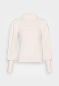 Sweterek w kolorze kremowym, prążkowany, z wysokim kołnierzem, bufiastymi rękawami i dopasowanymi mankietami. Miękka tekstura oraz smukły, dopasowany krój.