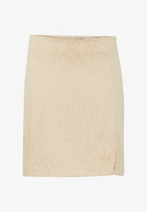 Beige minirok van zacht fabric, met een subtiele luipaardprint en een zijsplit voor extra detail.