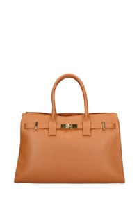 Borsa a tracolla in pelle marrone con due manici, forma rettangolare, dettagli in metallo dorato, superficie testurizzata, dotata di una chiusura centrale e di cinghie decorative.