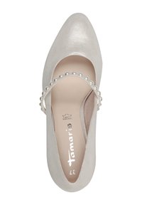 Ballerines en suède gris clair avec un nez pointu et une bride ornée de petites perles synthétiques. Intérieur doux avec un logo de marque métallique.