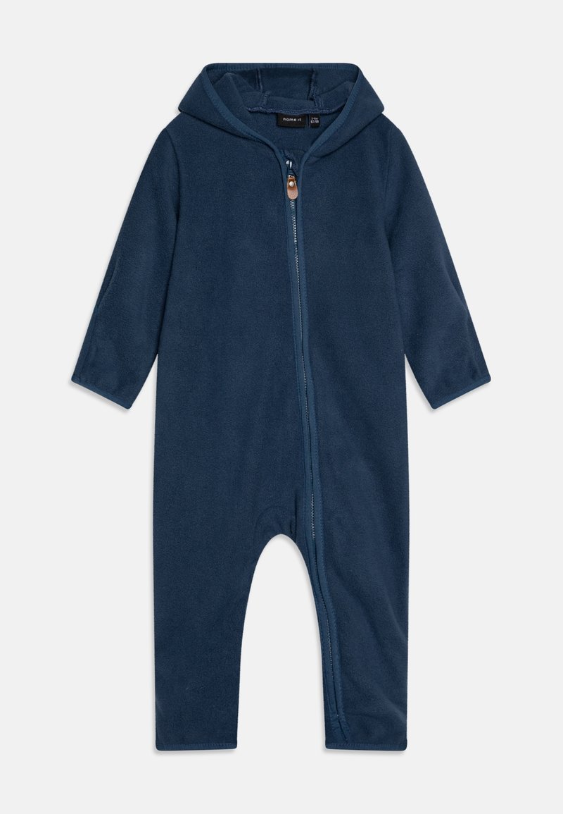Grenouillère pour bébé en polaire bleu marine avec manches longues, capuche et fermeture éclair à l'avant.