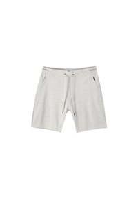 Shorts gris clair en tissu texturé, avec une taille élastique à cordon et deux poches latérales.