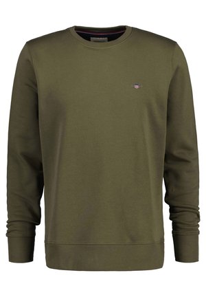Bluza khaki z długim rękawem i okrągłym dekoltem, z prążkowanymi ściągaczami na mankietach i dole, małe logo na lewej piersi.