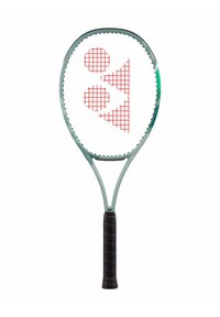 Green tennis racket with a wide oval head, featuring a white string pattern and red geometric designs. Grip is black with textured surface.
