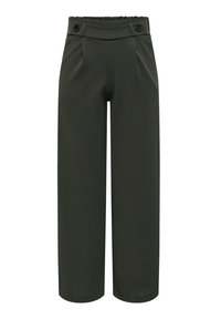 Pantalons larges verts avec une texture lisse, comportant une taille haute, deux poches avant et des accents de bouton.
