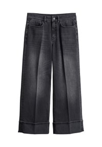 Jeans in denim nero a gamba larga con una finitura leggermente sbiadita, caratterizzati da un design classico a cinque tasche e orli ripiegati.