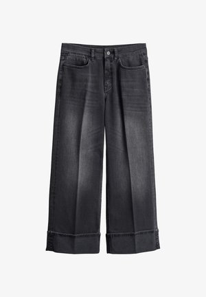 Schwarzweiche Jeans mit weitem Bein und leicht ausgewaschenem Finish, ausgestattet mit einem klassischen Fünf-Taschen-Design und umgeschlagenen Säumen.