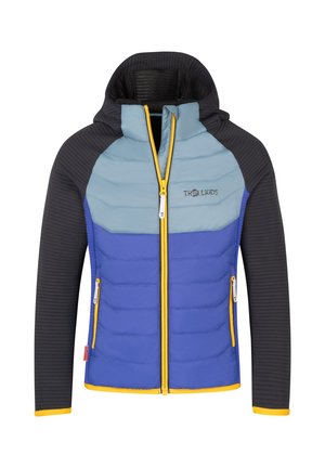 Children's hooded jacket with black sleeves, light blue upper chest, blue body, yellow zipper, and side pockets, labeled Trollkids.
