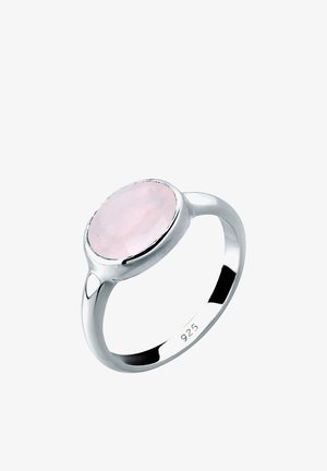 Sterling sølvring med en oval, lys pink sten. Glat, poleret sken med et minimalistisk design. Gravering af '925', der angiver sølvets renhed.