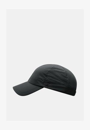 Black running cap with a curved visor, made of lightweight, smooth fabric. Features a stitched logo on the side and a breathable design.