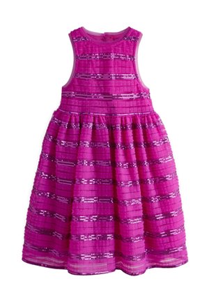 Sleeveless bright pink dress with horizontal sequin stripes and layered fabric texture, designed for children.