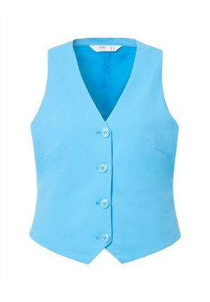 Lichtblauw vest met een v-hals ontwerp, vijf knopen en twee zijzakken. Glad textuur met een getailleerde pasvorm.