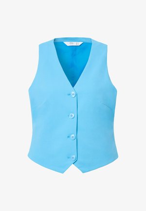 Lichtblauw vest met een v-hals ontwerp, vijf knopen en twee zijzakken. Glad textuur met een getailleerde pasvorm.