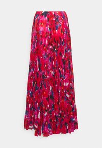 PlissierterMaxi-Rock in einem lebhaften roten Grundton mit einem Blumenmuster in Pink, Blau und Schwarz. Leichter, fließender Stoff. Elastischer Bund.