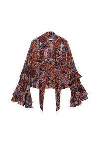 Blouse légère à motif floral en marron, bleu et crème, avec manches cloche, profond décolleté en V et détail noué à l'avant.