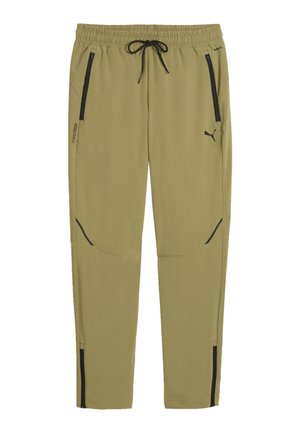 Licht olijfgroene sportbroek met zwarte trekkoorden, zakken met rits, Puma-logo en met ritssluitingen aan de enkelopeningen.