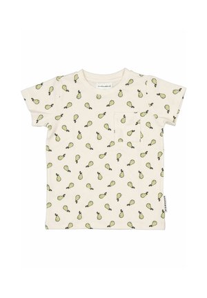 Kortærmet babybluse i creme med små grønne pæreprint og brystlomme, lavet af blødt bomuldsstof.