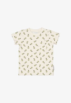 Kortærmet babybluse i creme med små grønne pæreprint og brystlomme, lavet af blødt bomuldsstof.
