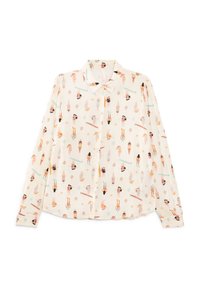 Chemise boutonnée en tissu léger avec un fond crème, présentant un motif de femmes en maillots de bain et de planches de surf aux couleurs pastel.