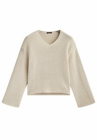 Pull en tricot couleur crème à manches longues avec col en V, coupe décontractée et ourlet légèrement raccourci, présenté sur un fond blanc.