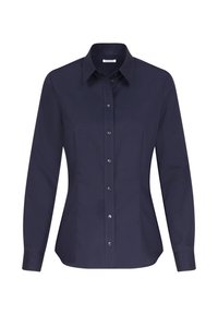 Donkerblauwe langesleeve shirt met een puntige kraag, front knoopsluiting en een getailleerd ontwerp. Gemaakt van gladde stof zonder patronen.