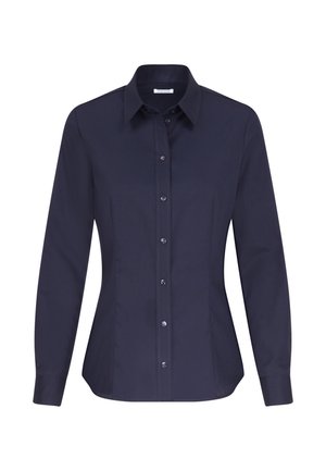 Marineblaue Langarmbluse mit spitzem Kragen, Knopfverschluss vorne und tailliertem Schnitt. Hergestellt aus glattem, einfarbigem Stoff ohne Muster.