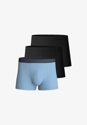Three pairs of boxer shorts: one light blue, two black. Made of smooth fabric with soft elastic waistbands and flat seams for comfort.
