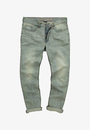 Jeans de mezclilla azul claro con un acabado ligeramente deslavado, que cuentan con cinco bolsillos, cierre de cremallera y puños enrollados en el dobladillo.