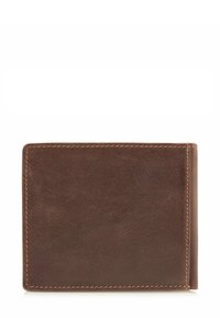 Bruine leren portemonnee met een gladde textuur, rechthoekige vorm en zichtbare stiksels. Heeft een opvouwbaar ontwerp en een minimalistische uitstraling.