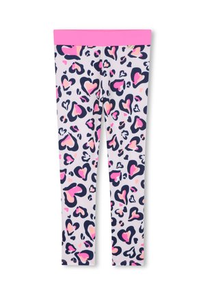 Leggings realizzati in un materiale leggero, con una cintura rosa e un motivo giocoso di cuori rosa e blu navy su uno sfondo chiaro.