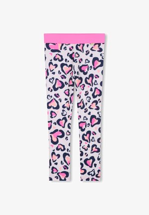 Leggings en matériau léger, avec une taille rose et un motif ludique de cœurs roses et marins sur un fond clair.