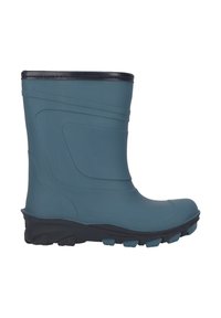 Kumisaappaat tumman teal-värissä, joissa on sileä pinta, teksturoituja yksityiskohtia, pyöristetty kärki ja musta kumipohja, jossa on kulutuspinnat.