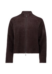 Dark brown zip-up jacket with a high collar, made of soft, textured fabric; cropped length with long sleeves and no visible patterns.