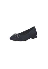 Chaussure plate noire avec une texture tissée, bout arrondi, petit talon et accent en chaîne argentée à l'avant. Le matériau semble léger et respirant.