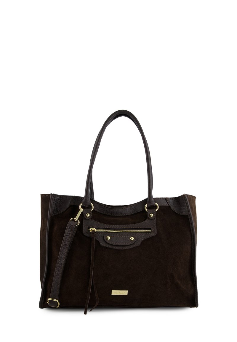 Brązowa torba typu tote zamszowa z skórzanymi akcentami, podwójnymi paskami i przednią kieszenią na zamek. Posiada złote okucia i gładką teksturę.