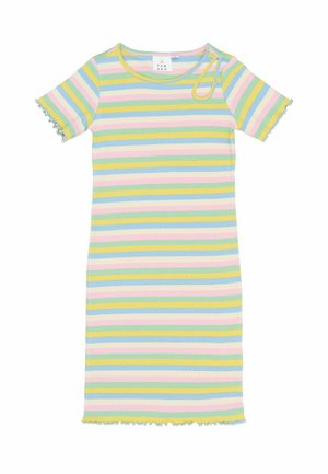 Kratka obleka s kratkimi rokavi z rebrasto teksturo in vodoravnimi črtami v pastelno rumeni, zeleni, modri in roza barvi, z obrobo iz solate na rokavih in robu.