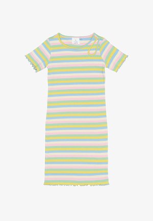 Robe à manches courtes en ribbed avec des rayures horizontales en jaune pastel, vert, bleu et rose, dotée d'un ourlet à bords festonnés sur les manches et l'ourlet.