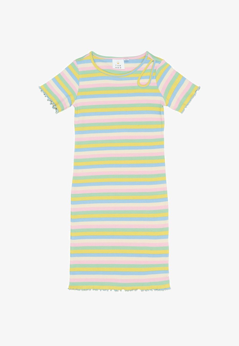 Abito a maniche corte a costine con righe orizzontali in giallo pastello, verde, blu e rosa, con bordo arricciato su maniche e orlo.