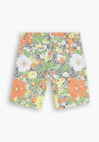 Short coloré à motifs floraux et zèbre avec des feuilles vertes, des fleurs orange, jaunes et blanches, et deux poches arrière avec boutons.