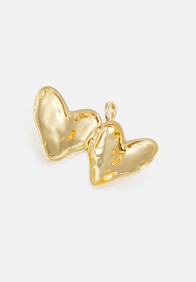 Gold-colored heart pendant, with a smooth, shiny surface and a hinged design, featuring two interlocking heart shapes.
